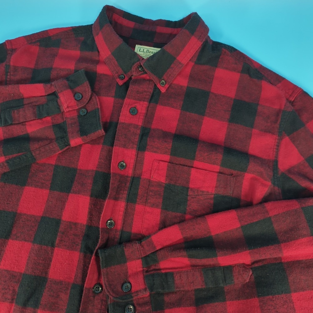 LL Bean Mens XL Tall Slightly Fitted Buffalo Plaid Flannel Shirt Red Black